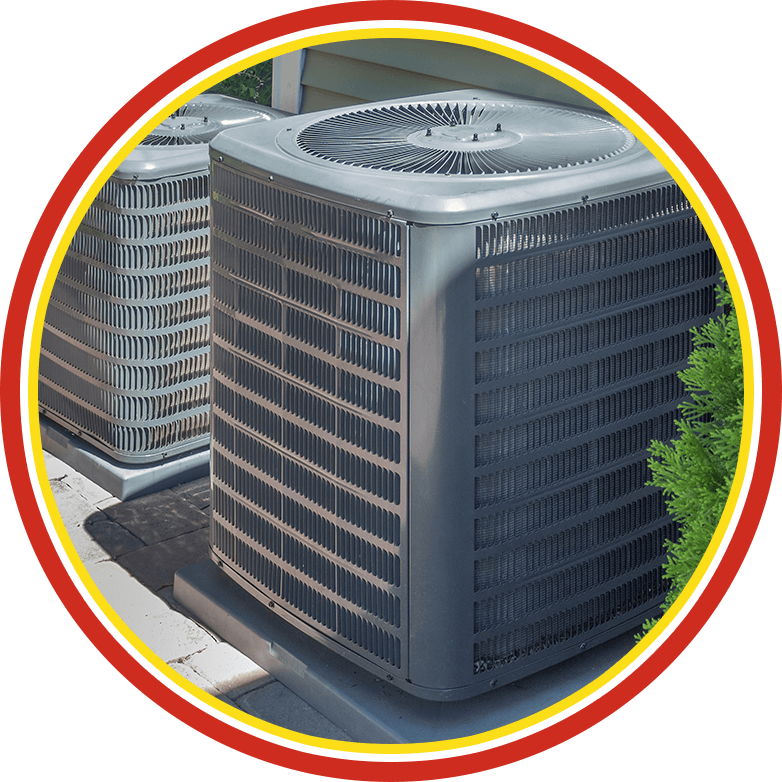 Aerial view of modern office buildings with a circular red, yellow, and white border