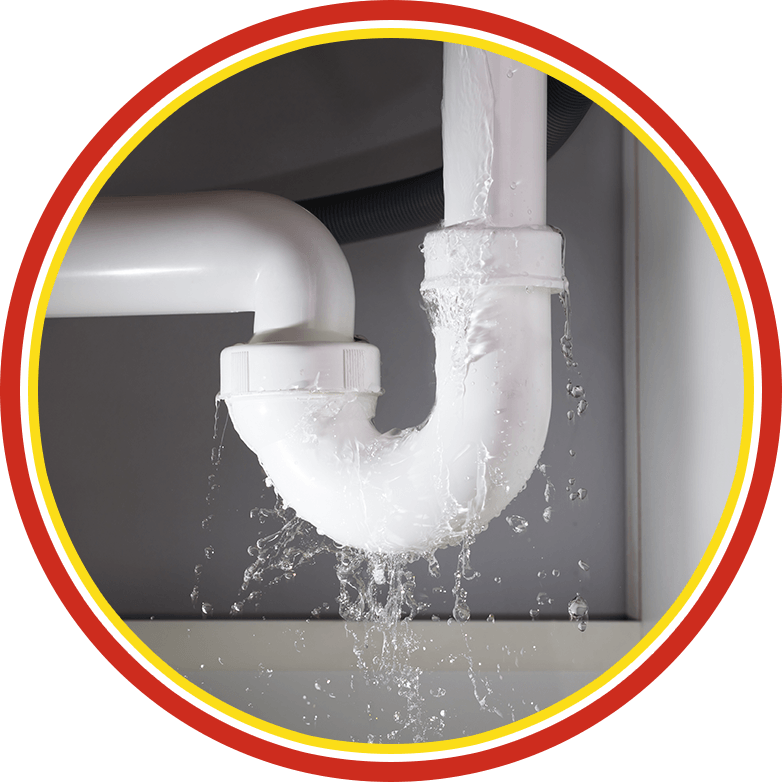 Leaking white drain pipe with water dripping inside a red-yellow circle
