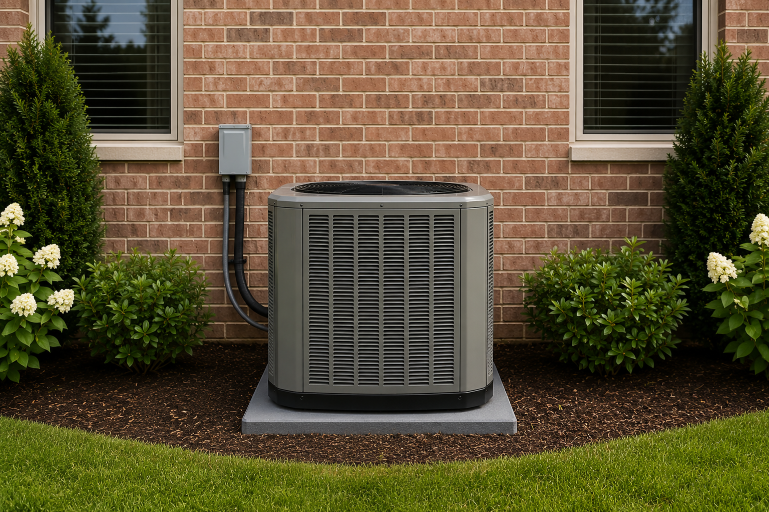 Outdoor air conditioner unit beside a brick house with shrubs and flowers