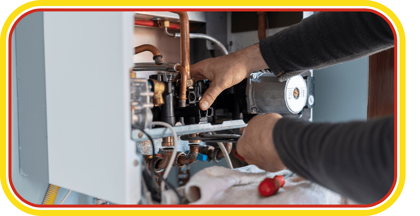 Technician adjusting machinery with tools inside a yellow-bordered panel