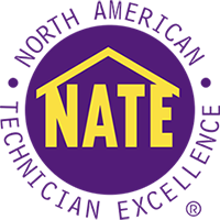 NATE logo with purple circle and yellow house-roof text on black background