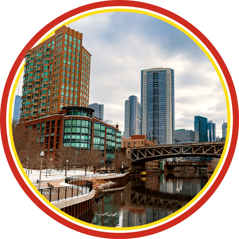City skyline with river and bridge, framed in a red and yellow circle graphic