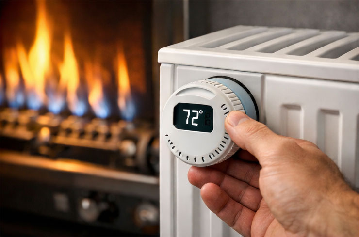 Hand adjusting radiator thermostat; blue flame from gas stove in background