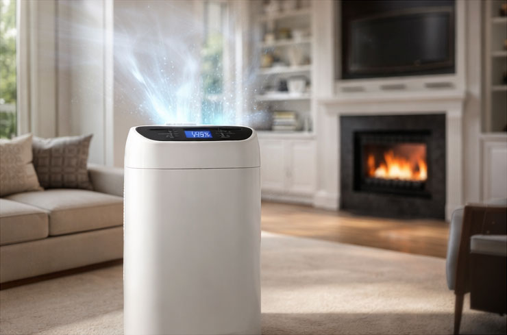 White air purifier in a cozy living room with a lit fireplace