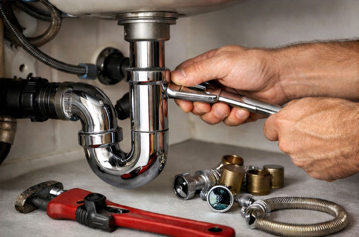 Hands tightening a chrome pipe under a sink, with red wrench and fittings nearby