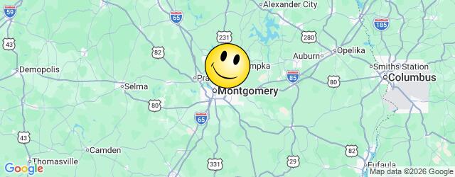 Map of Montgomery, AL with a smiley face marker near Montgomery