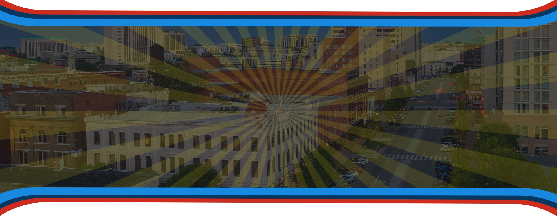 Graphic of buildings with a blue-and-orange radial burst background